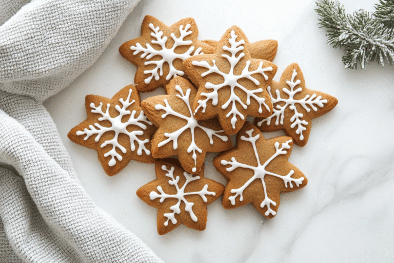 Crispy gluten-free gingerbread cookies decorated with icing on marble background