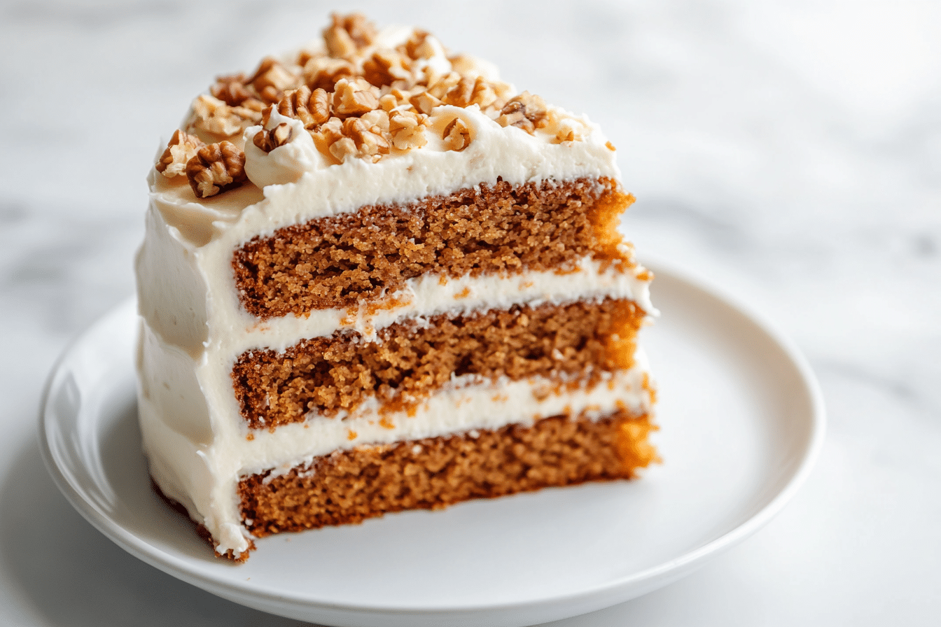 Gluten-free carrot cake with cream cheese frosting and walnuts
