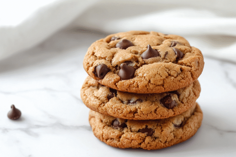 Featured gluten-free chocolate chip cookies stacked on marble countertop