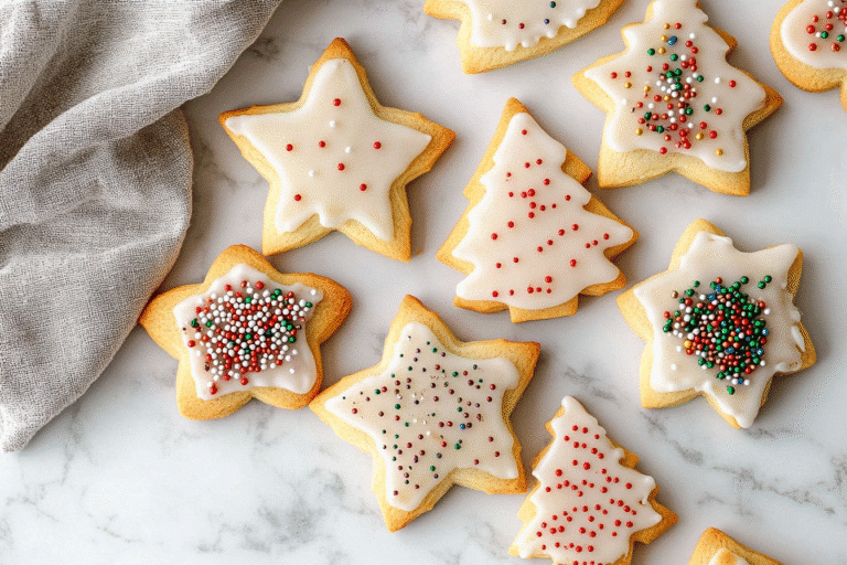 Gluten-Free Christmas Cookies decorated with icing and sprinkles