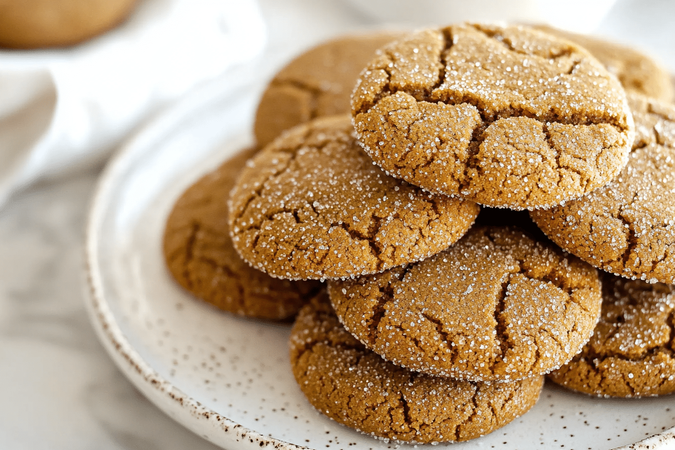 Gluten-free molasses cookies stacked on a marble counter with sparkling sugar