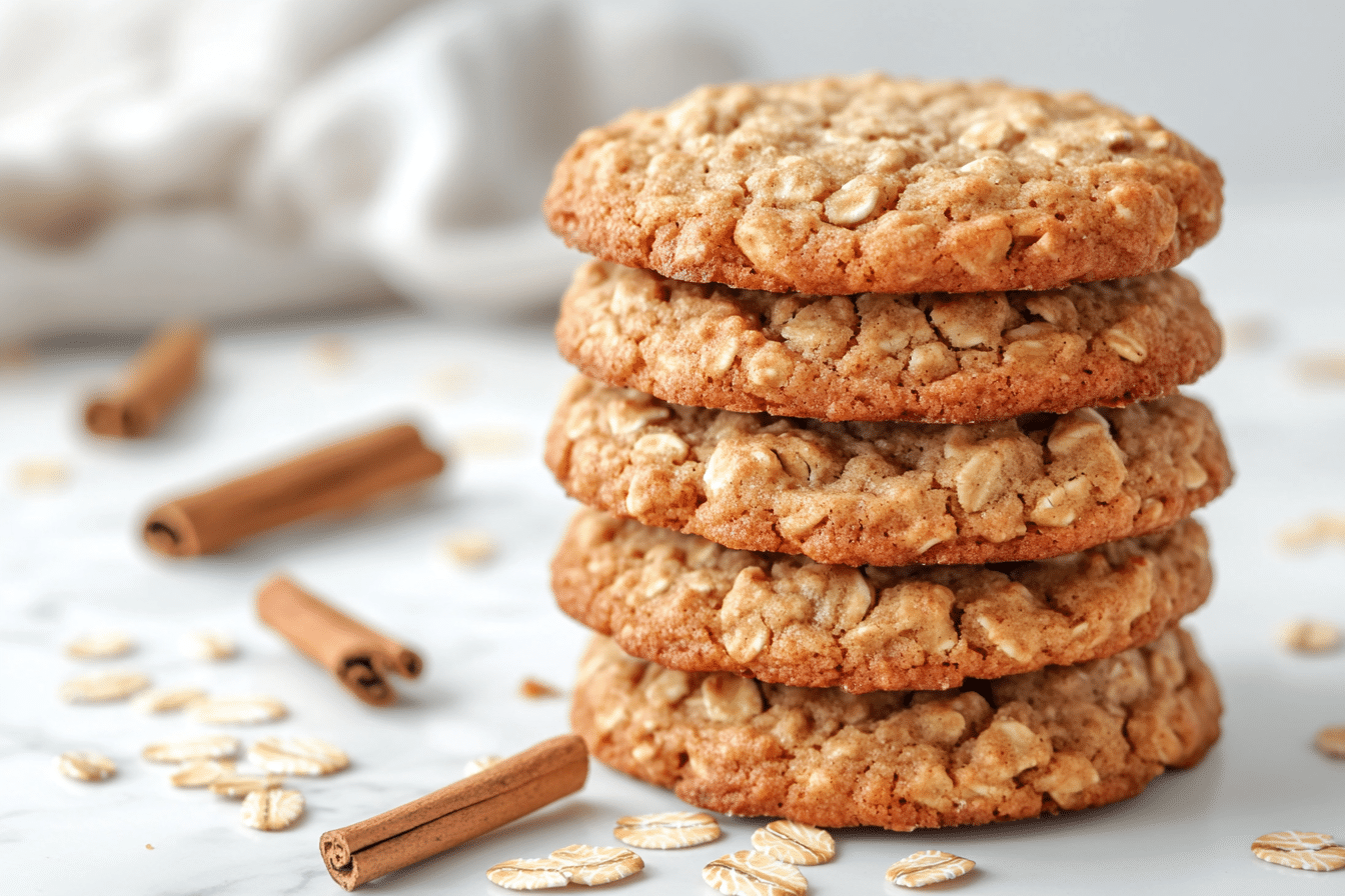 Gluten-free oatmeal cookies stacked on marble counter