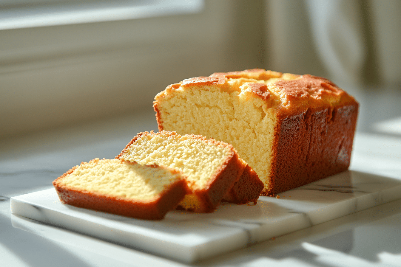Gluten-free pound cake recipe sliced on marble countertop