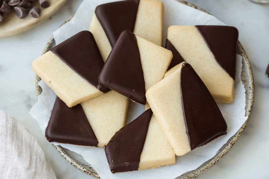Gluten-free shortbread cookies dipped diagonally in chocolate on marble background