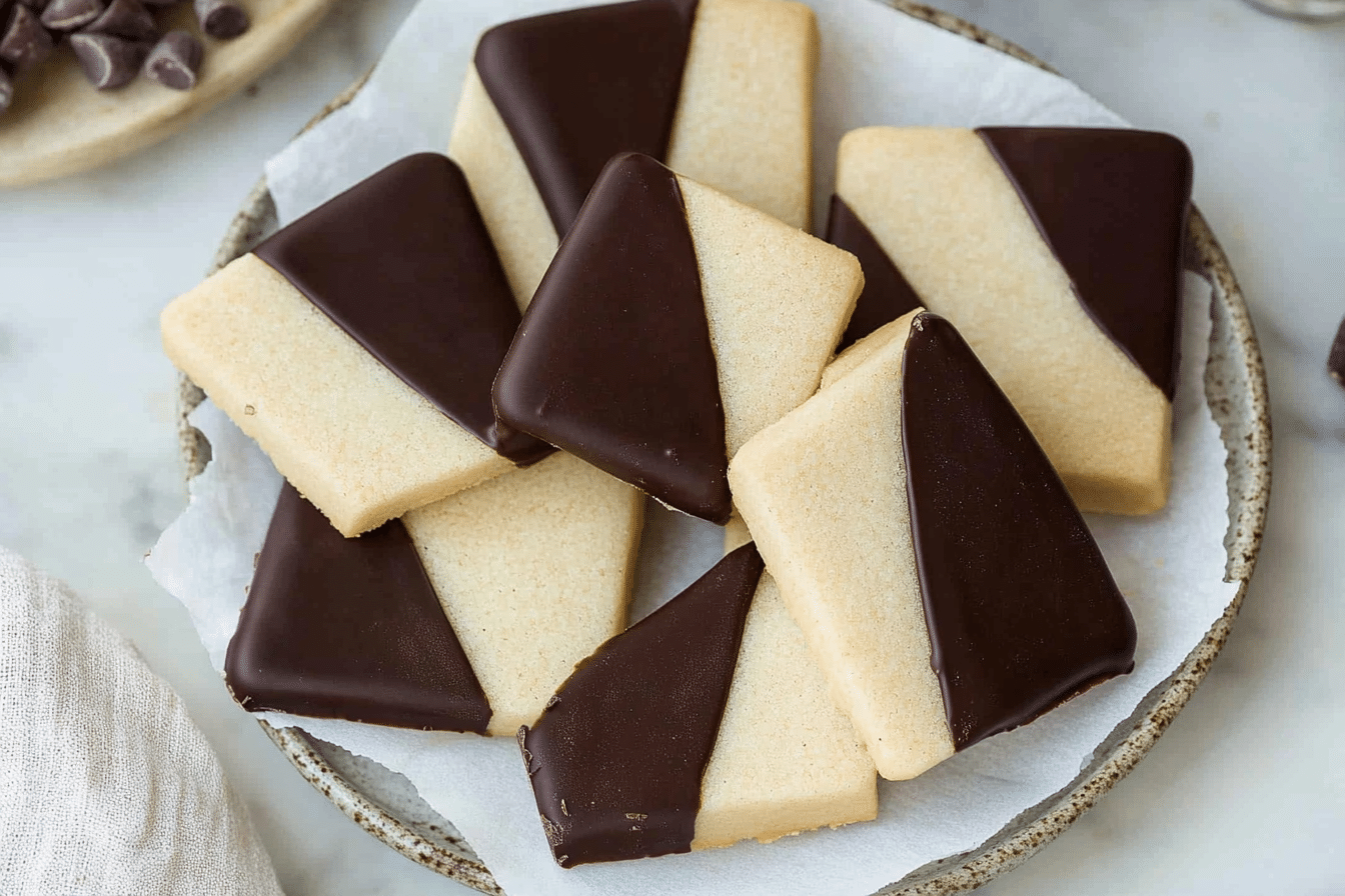 Gluten-free shortbread cookies dipped diagonally in chocolate on marble background