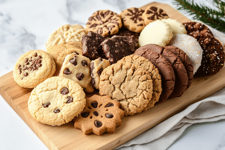 Assorted holiday gluten-free cookies displayed on marble countertop