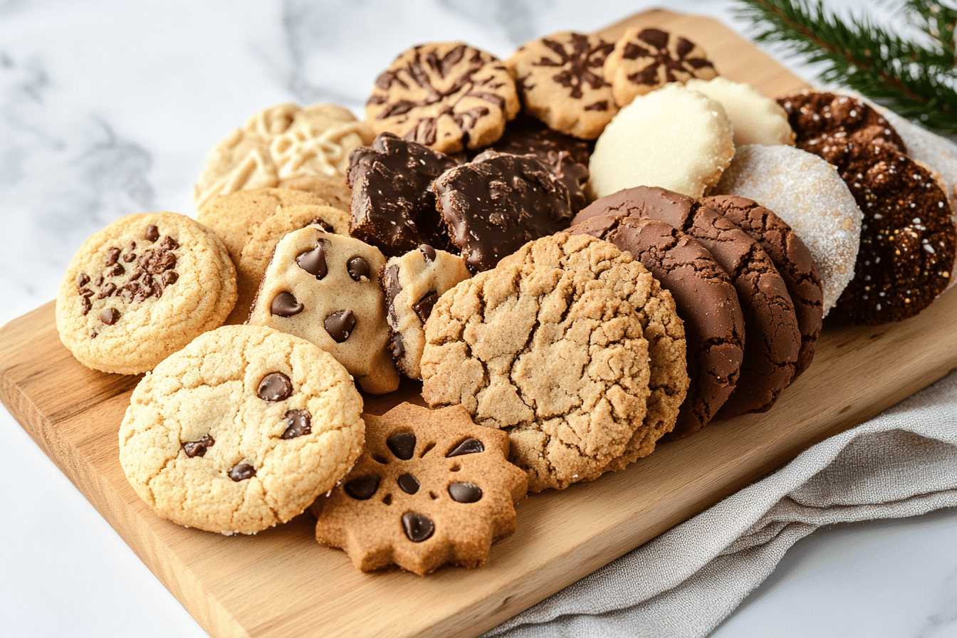Assorted holiday gluten-free cookies displayed on marble countertop