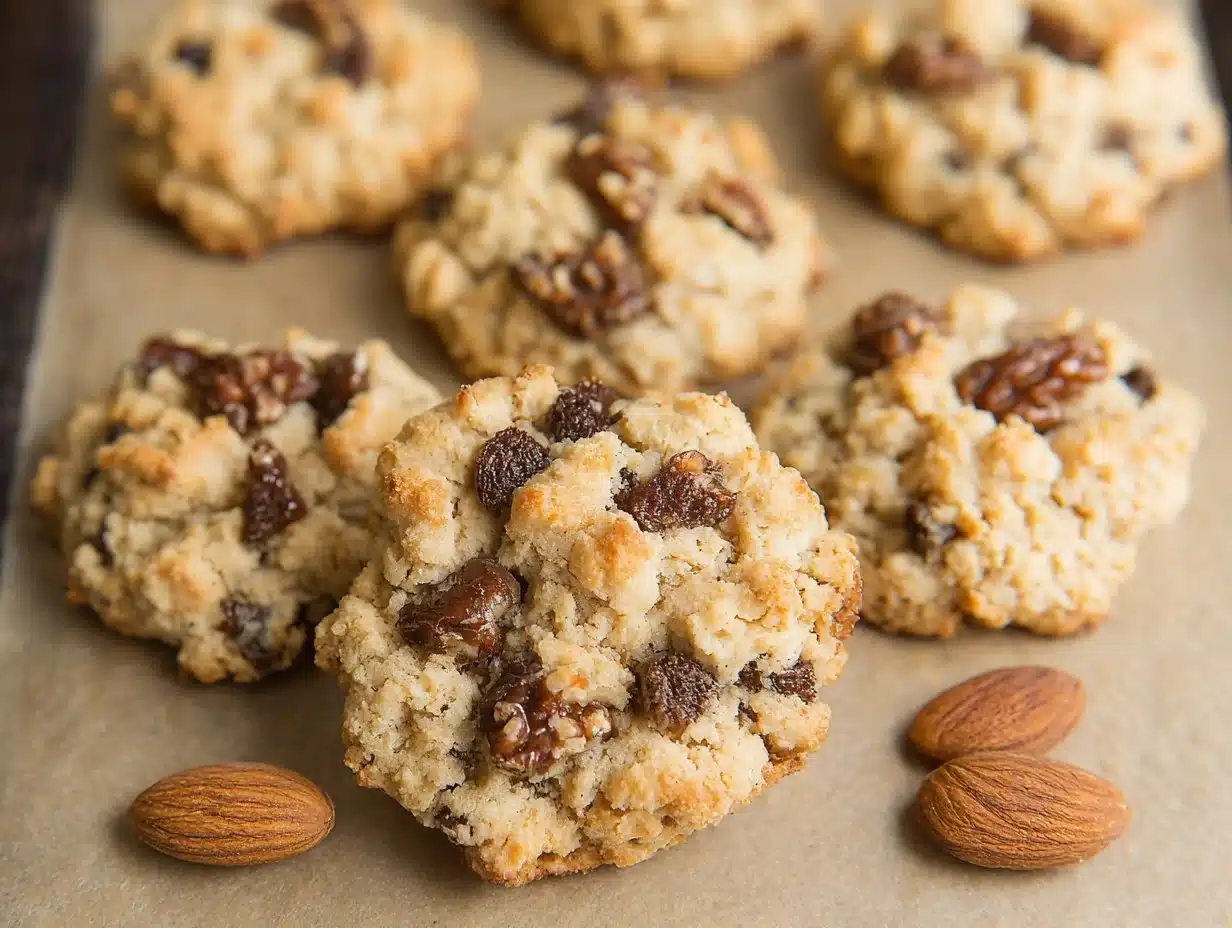 A plate of freshly baked almond flour cookies on a wooden table