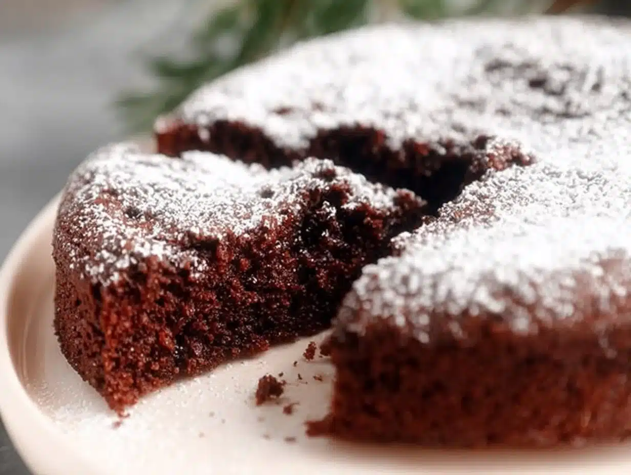 Chocolate Olive Oil Cake topped with almonds on a rustic wooden table