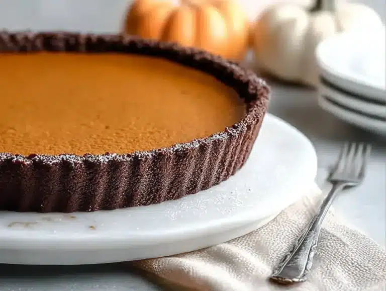 Delicious flourless Chocolate Pumpkin Torte topped with pumpkin seeds.