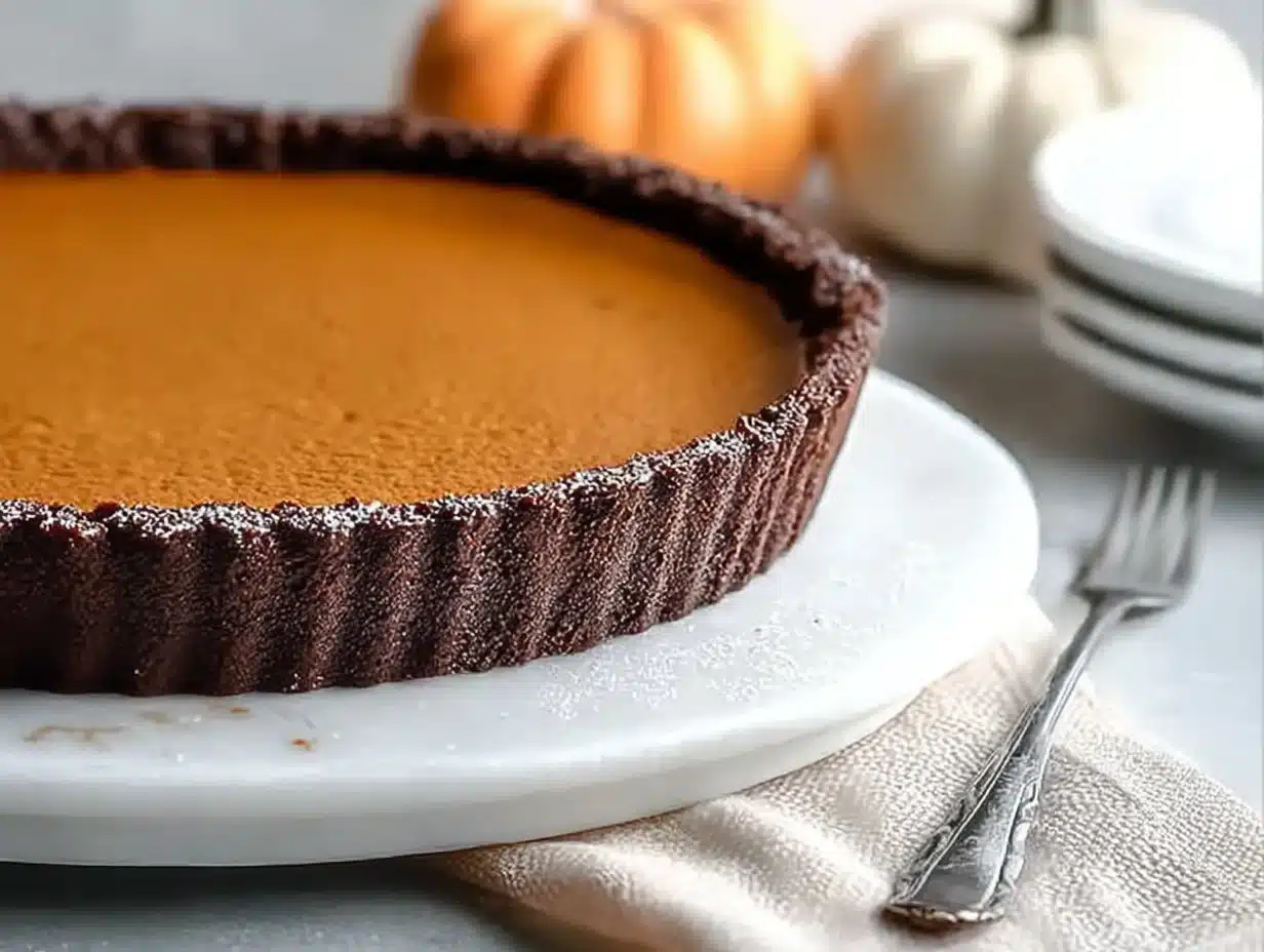 Delicious flourless Chocolate Pumpkin Torte topped with pumpkin seeds.