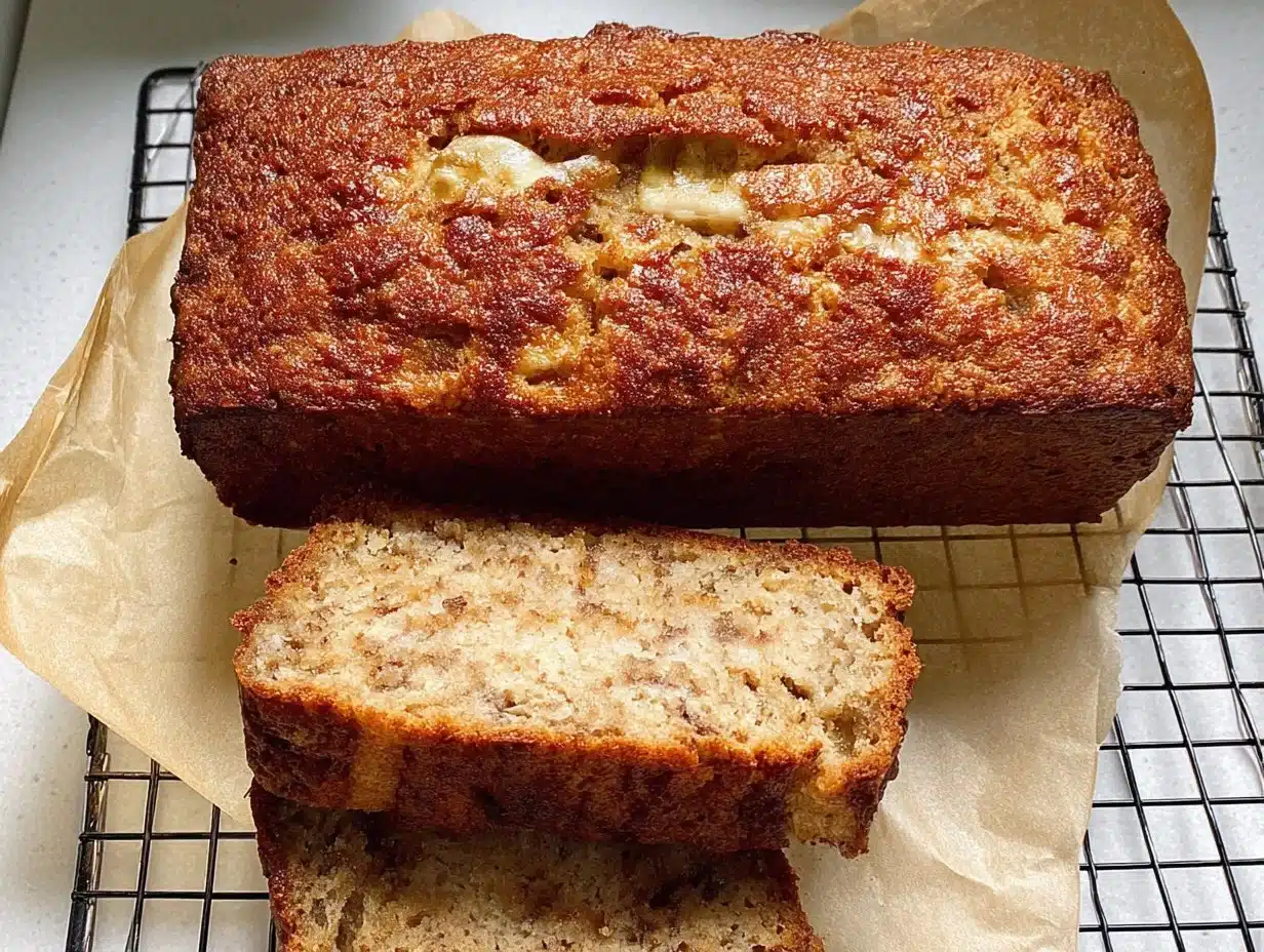 Slice of cottage cheese banana bread on a wooden table
