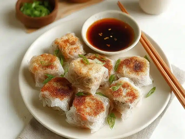 Plate of crispy rice paper dumplings served with dipping sauce