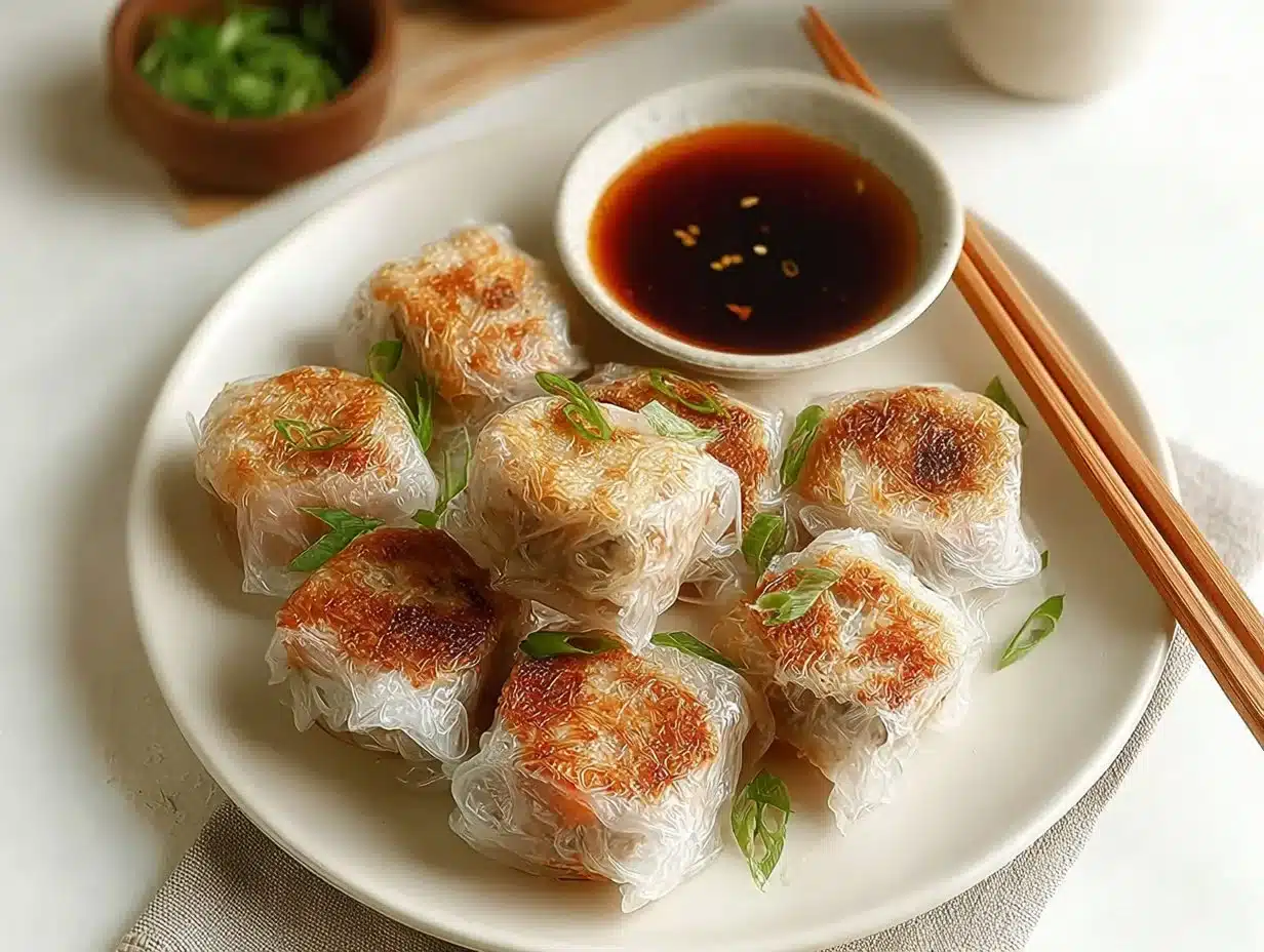 Plate of crispy rice paper dumplings served with dipping sauce