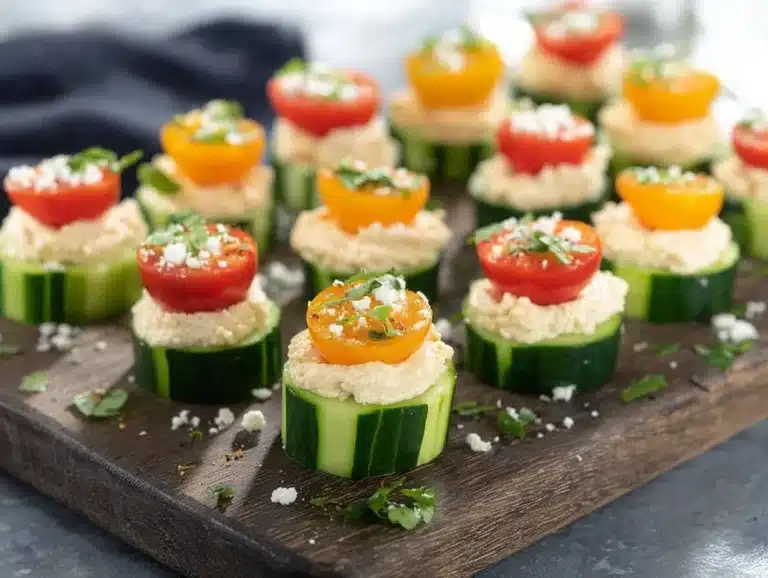 Cucumber slices topped with creamy hummus for a healthy snack