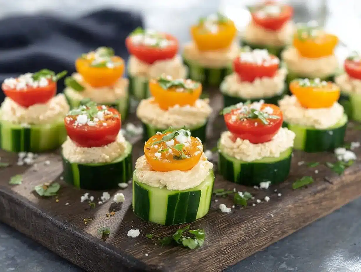 Cucumber slices topped with creamy hummus for a healthy snack
