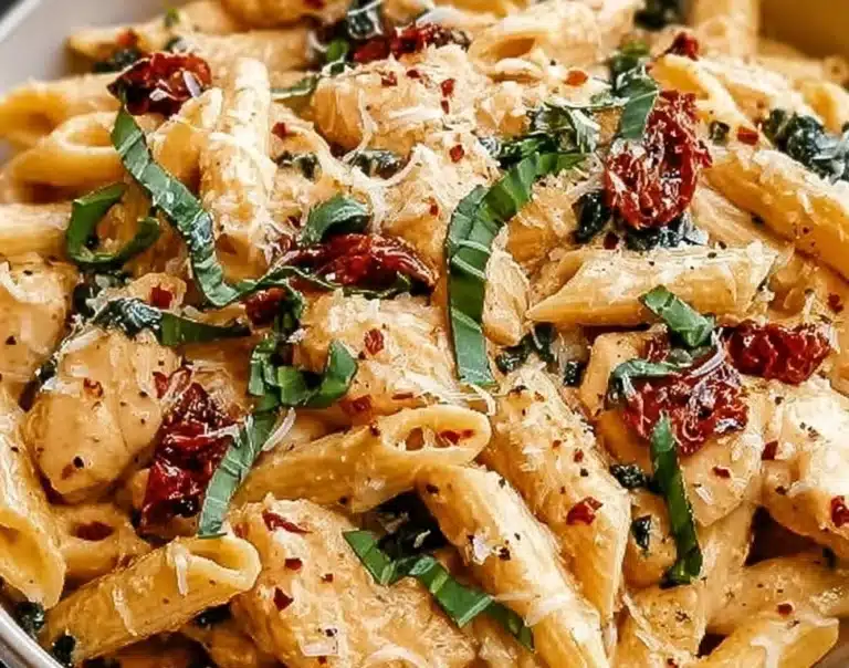 Dairy Free Marry Me Chicken Pasta dish garnished with herbs