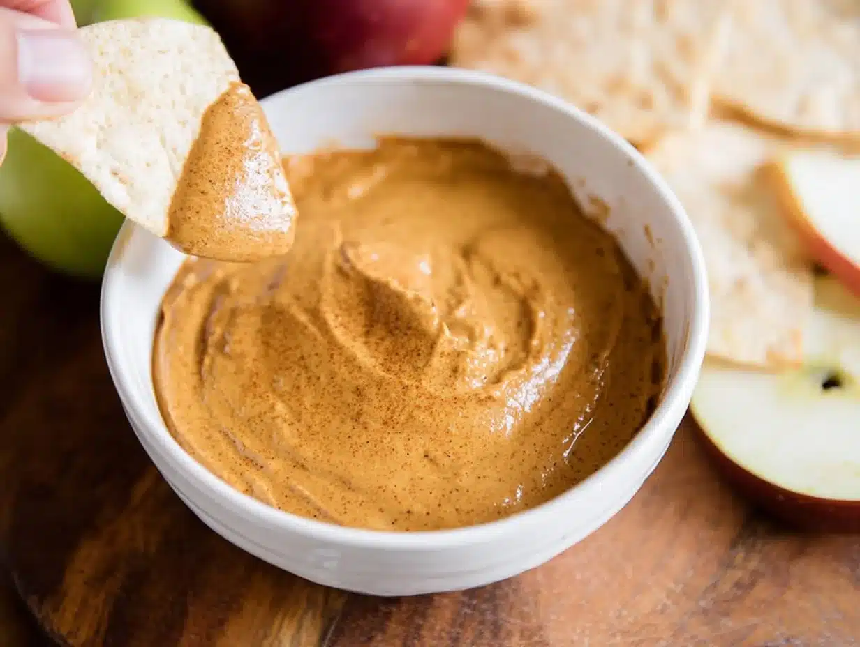 Delicious dairy-free pumpkin pie dip served in a bowl with spices and cookies.