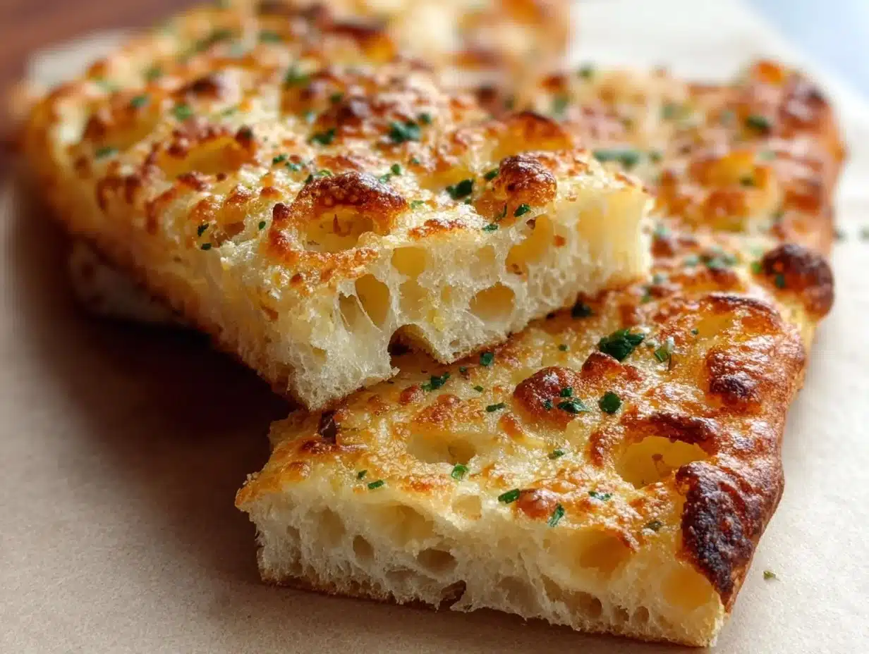 Delicious gluten free pizza garlic bread served on a rustic plate