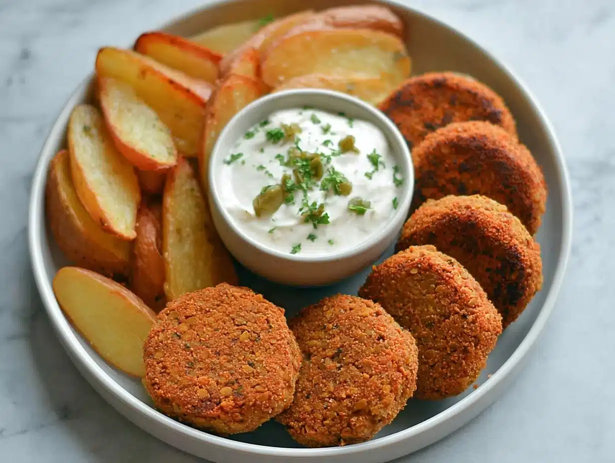 Easy 6-ingredient lentil burgers served on a wooden board