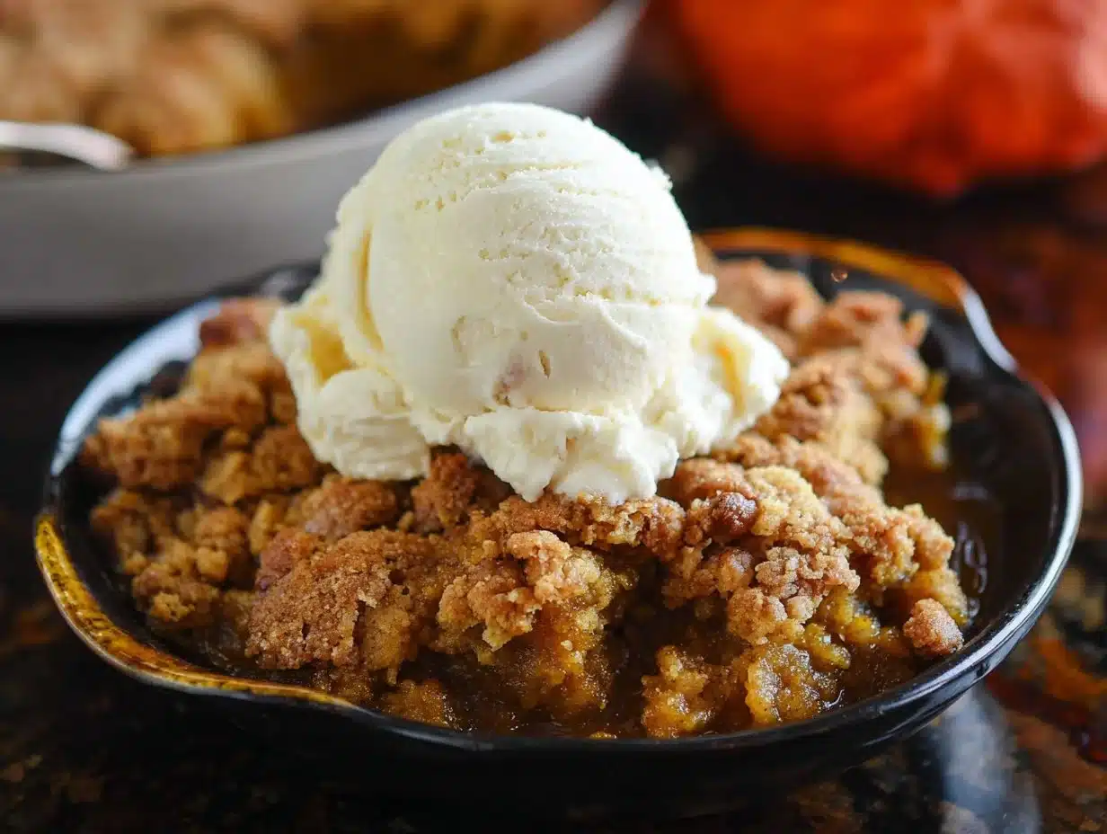 Delicious easy pumpkin cobbler in a baking dish, garnished with whipped cream.