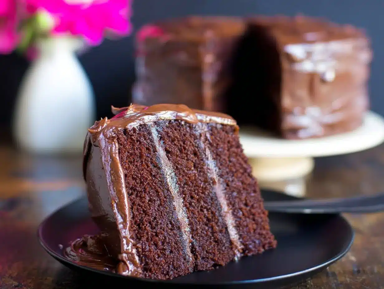 Famous gluten free chocolate cake topped with chocolate frosting and sprinkles