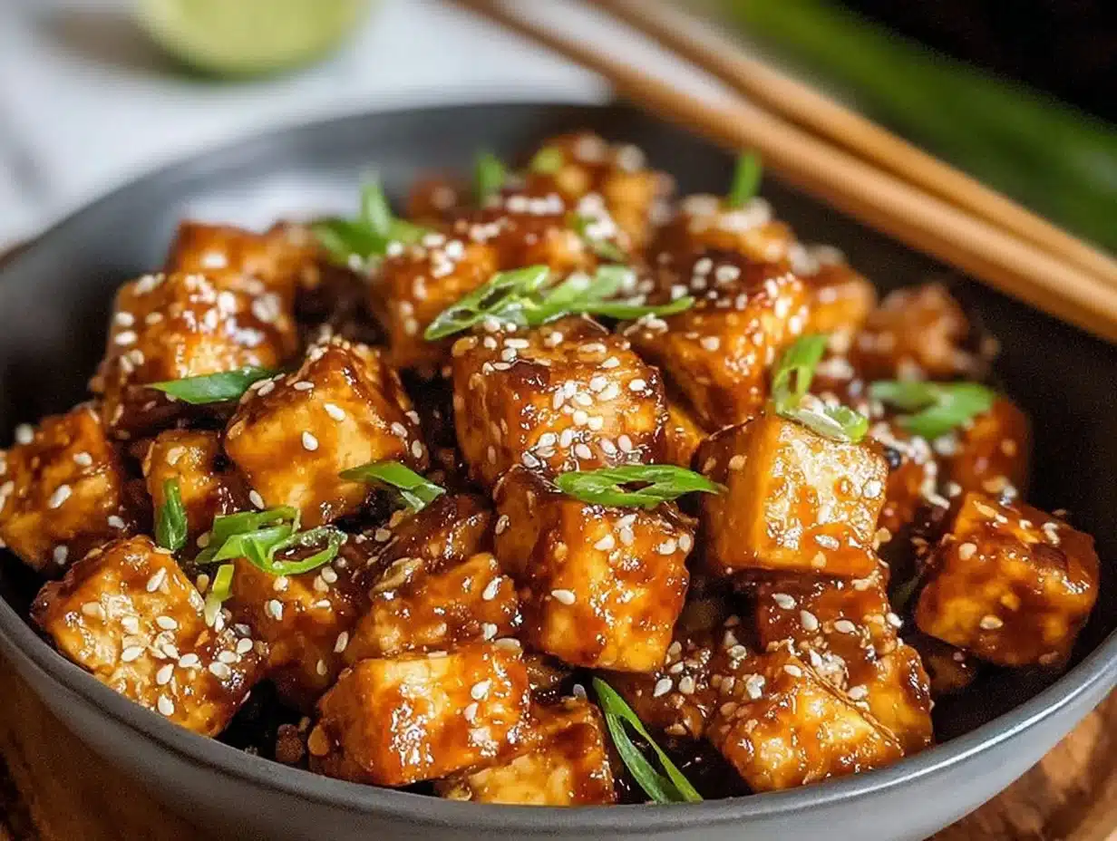 Delicious Garlic Sesame Tofu dish garnished with sesame seeds and garlic.