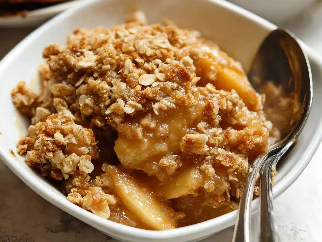 Gluten-free apple crisp dessert topped with oats and cinnamon