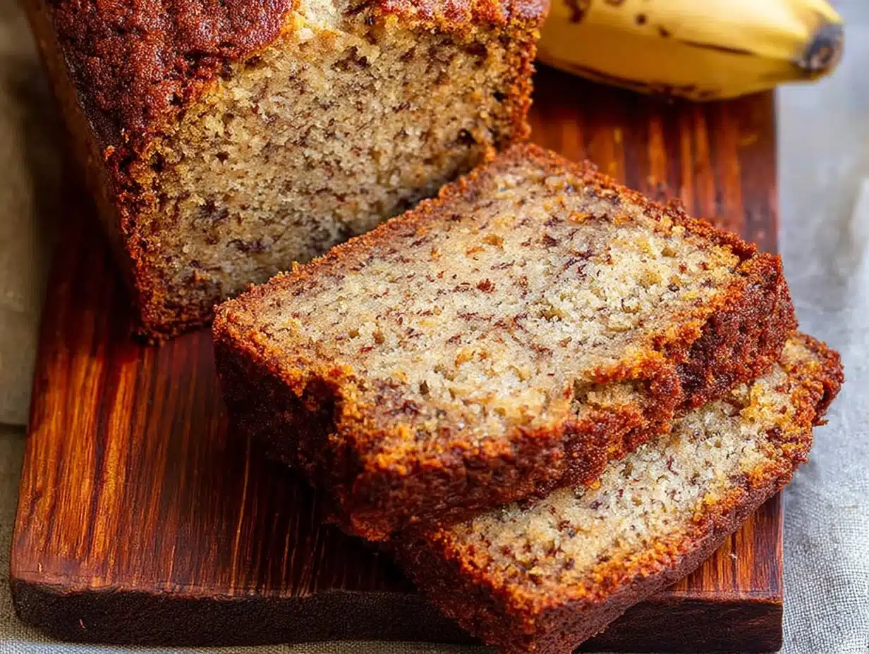 Freshly baked gluten-free banana bread on a wooden table.