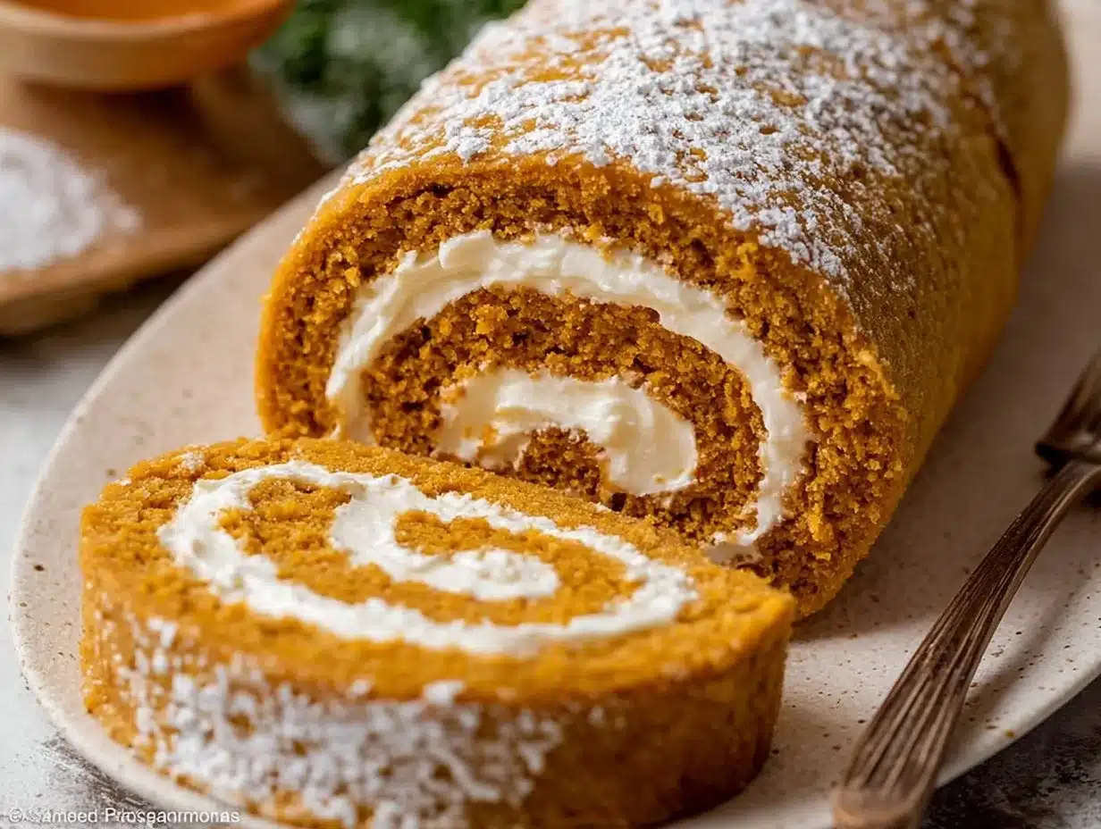 Gluten-Free Dairy-Free Pumpkin Roll dessert on a white plate with garnish