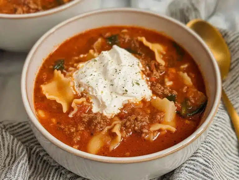 Bowl of gluten-free lasagna soup made without dairy ingredients