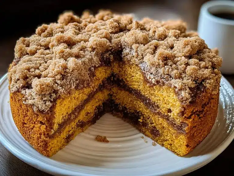 Delicious gluten-free pumpkin coffee cake topped with nuts, vegan and refined sugar-free.