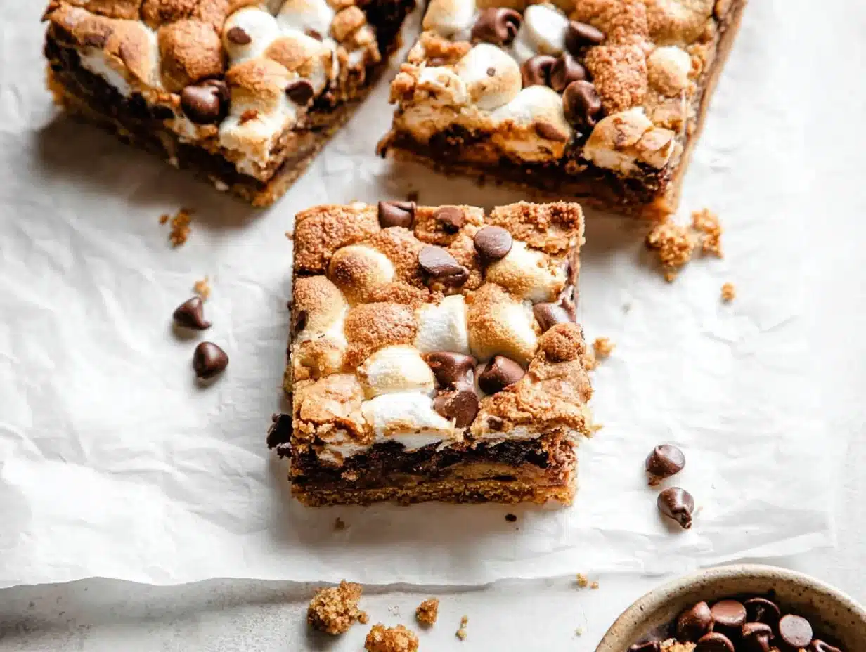 Delicious gluten free S'mores Cookie Bars topped with chocolate and marshmallows