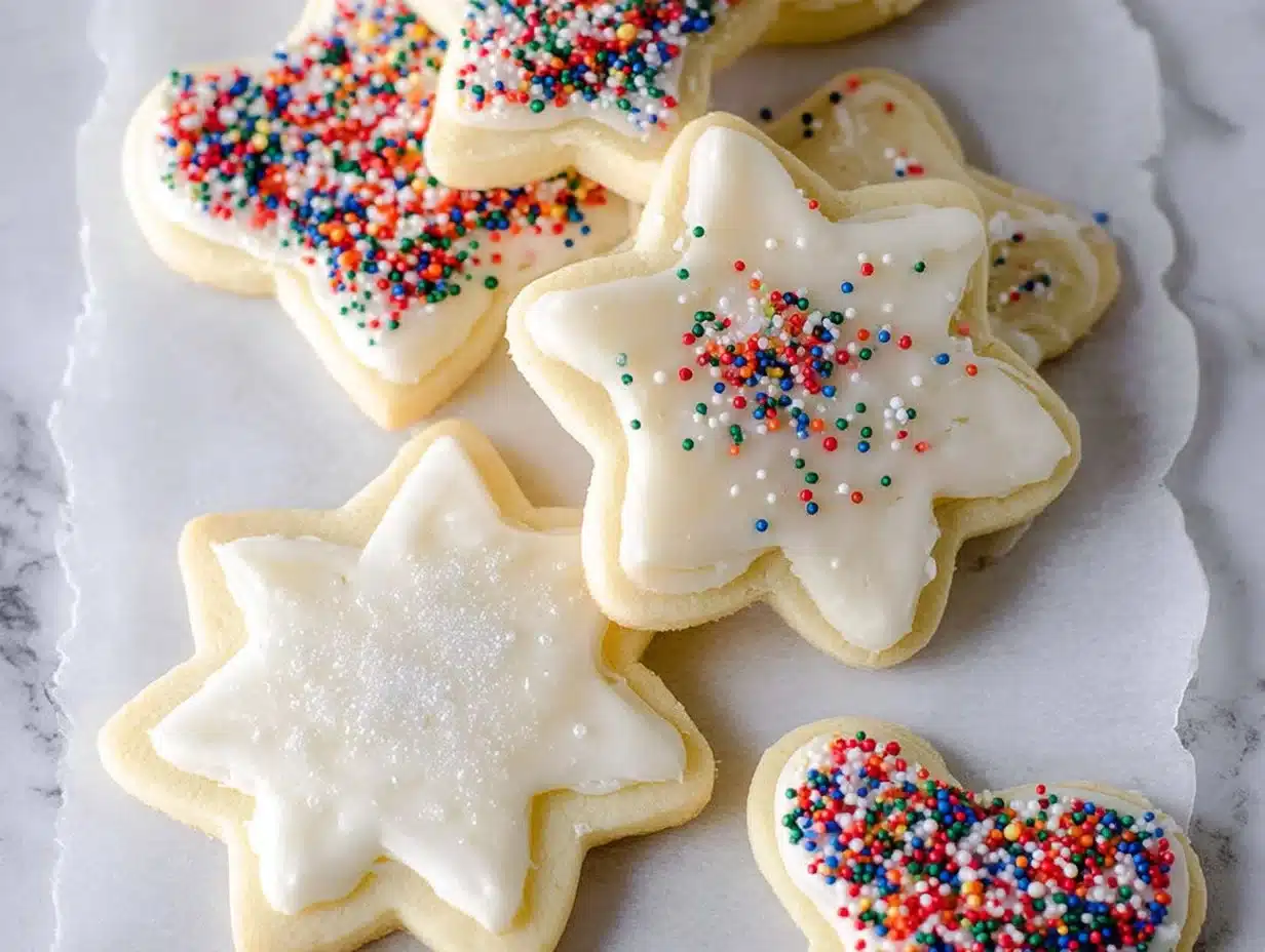 Plate of homemade gluten free sugar cookies decorated with sprinkles