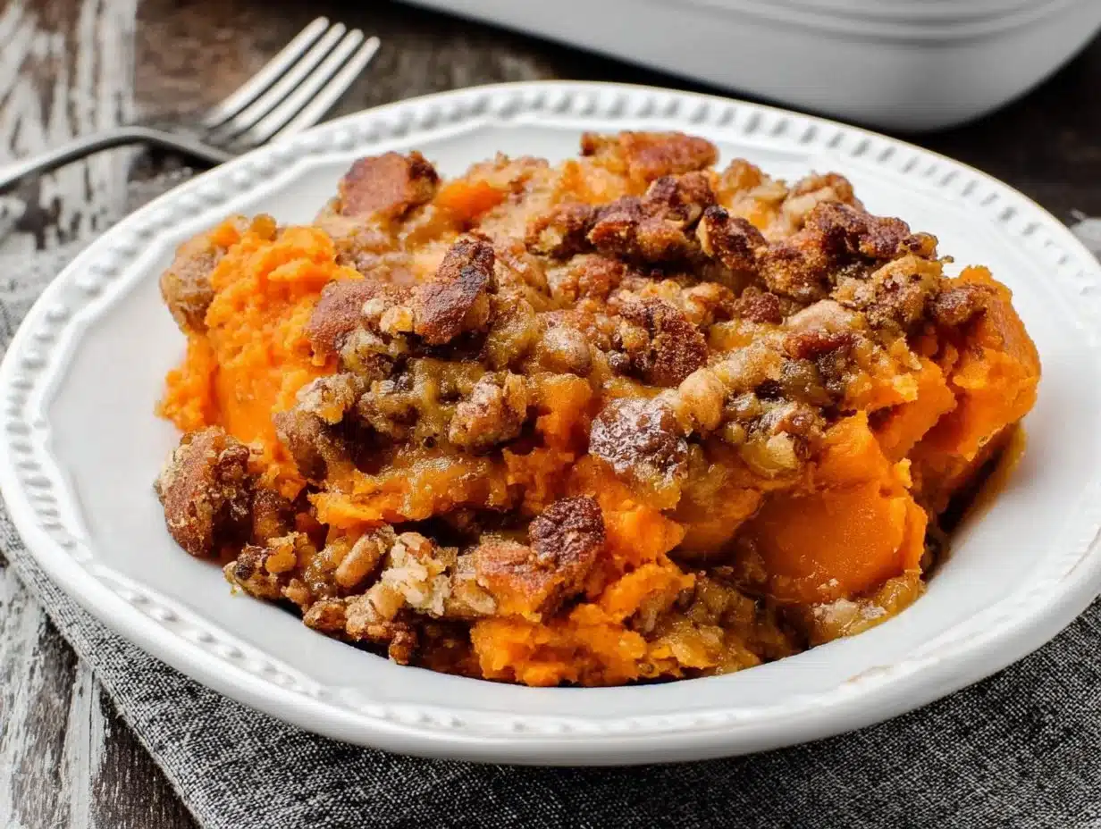 Gluten-free sweet potato casserole topped with nuts and marshmallows