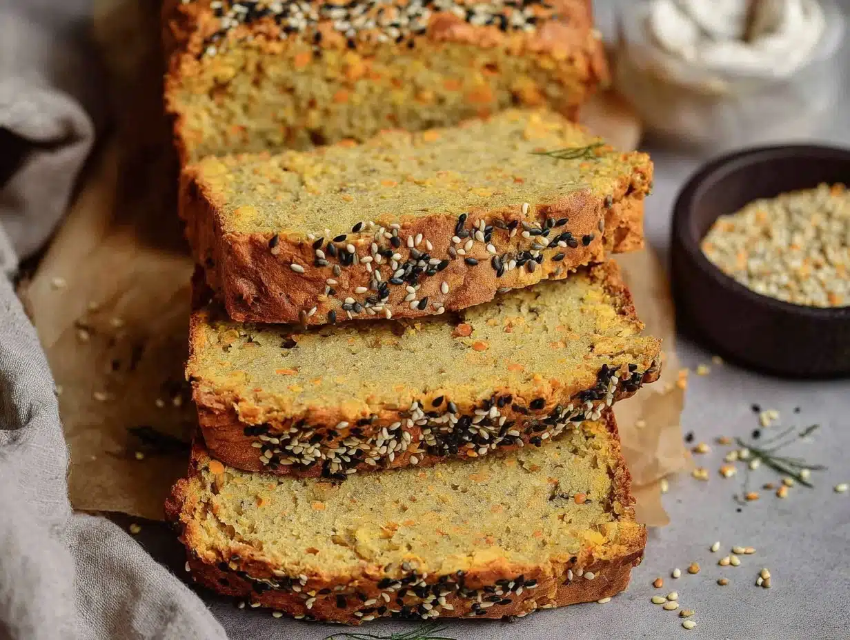 Sliced healthy lentil bread served on a wooden cutting board