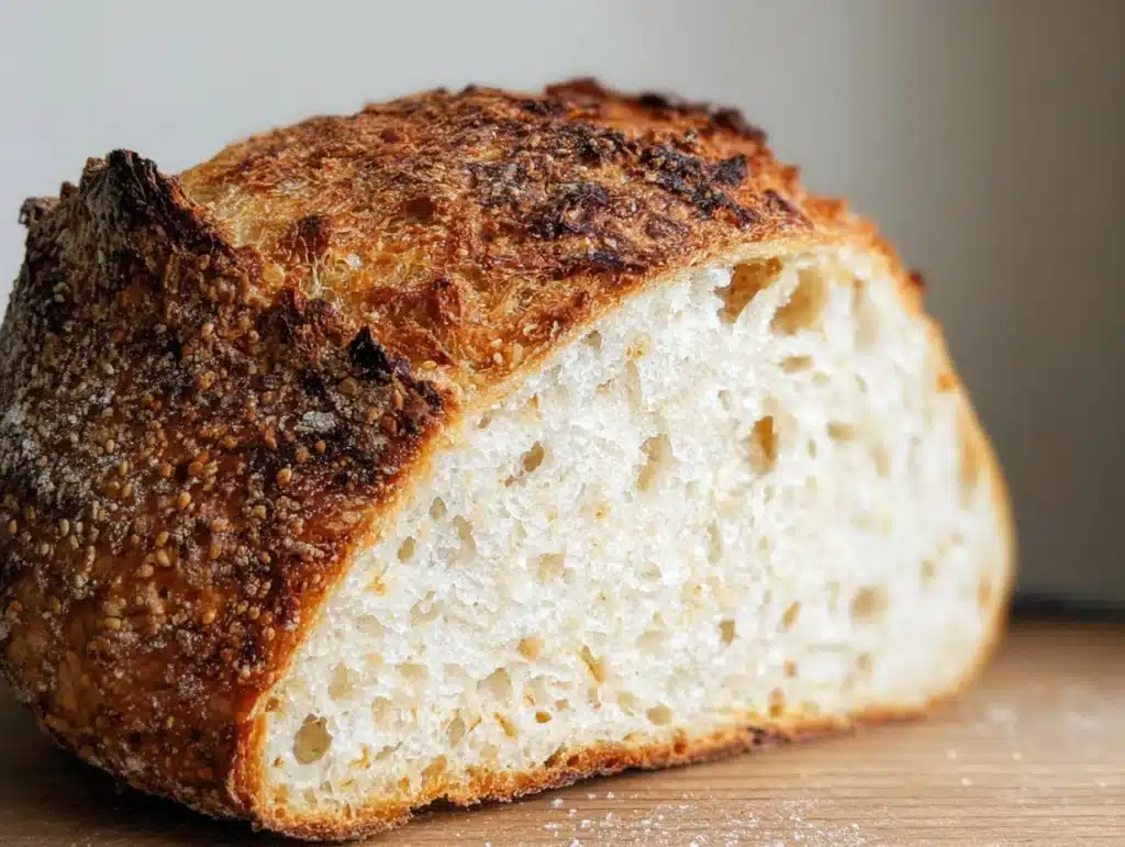 Loaf of no knead gluten free bread on a wooden cutting board