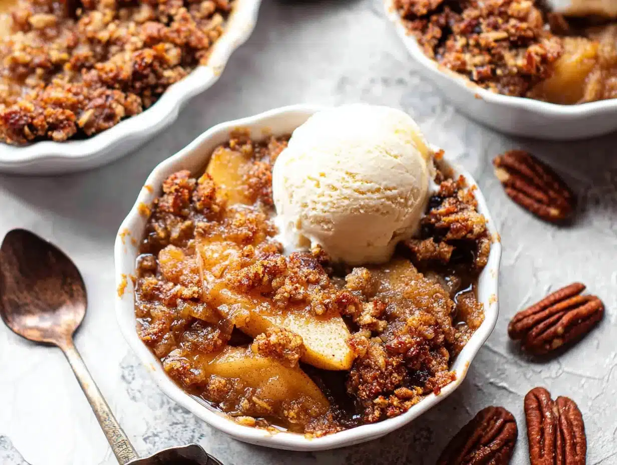 Delicious Paleo Apple Crisp topped with nuts and spices in a bowl