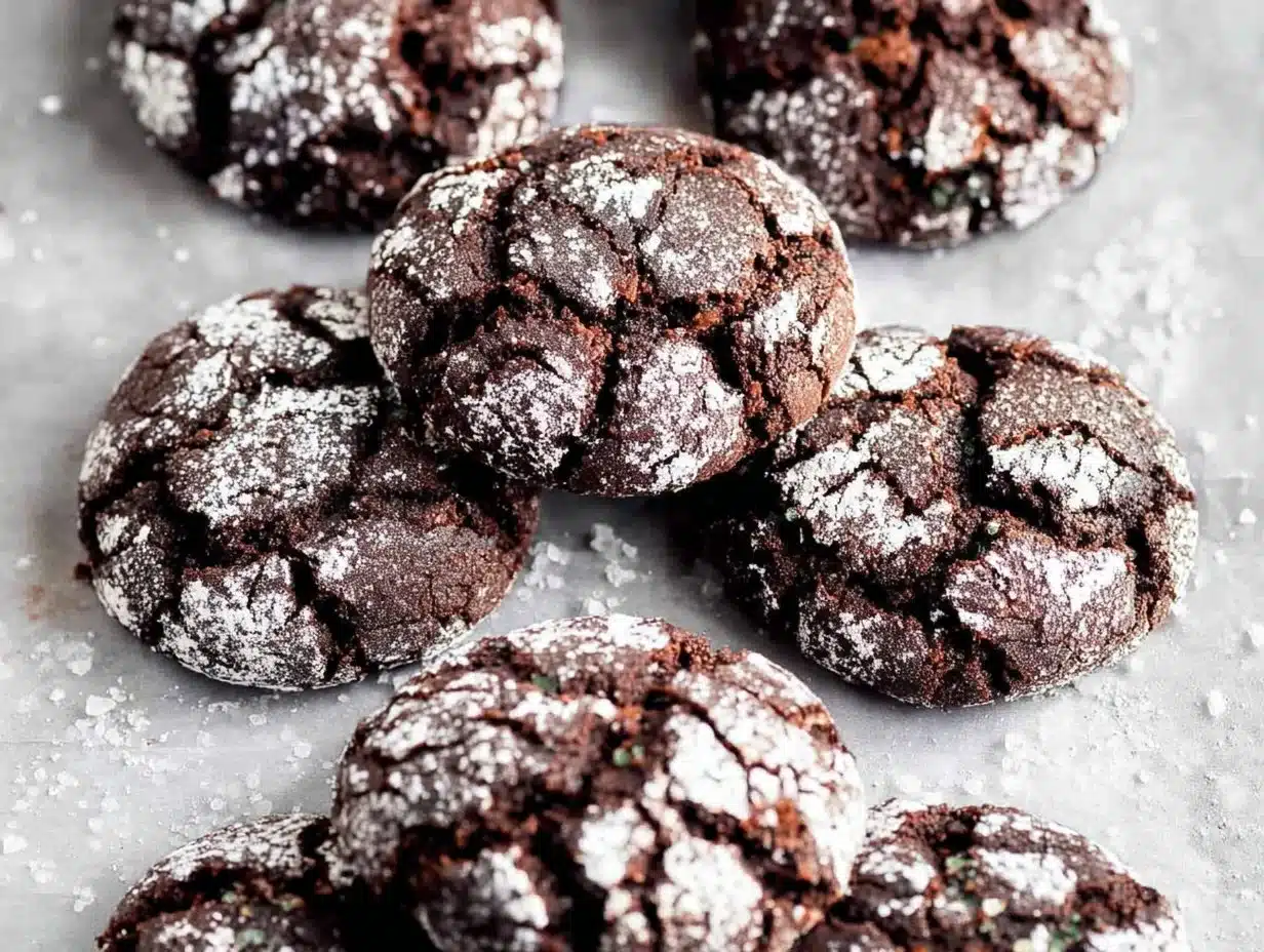 Paleo chocolate crinkle cookies on a rustic wooden table