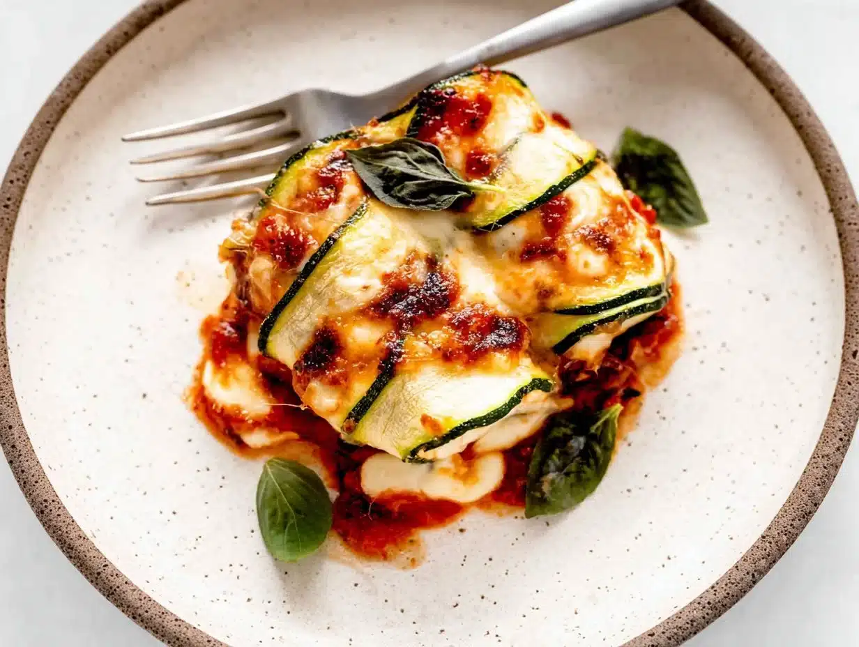 Ricotta stuffed zucchini roll-ups on a plate garnished with herbs