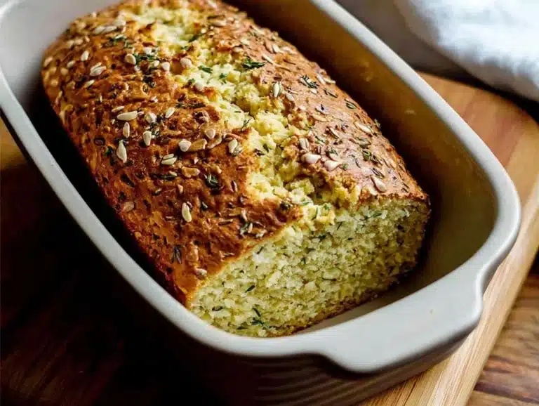 Freshly baked savory almond flour bread on a wooden cutting board.