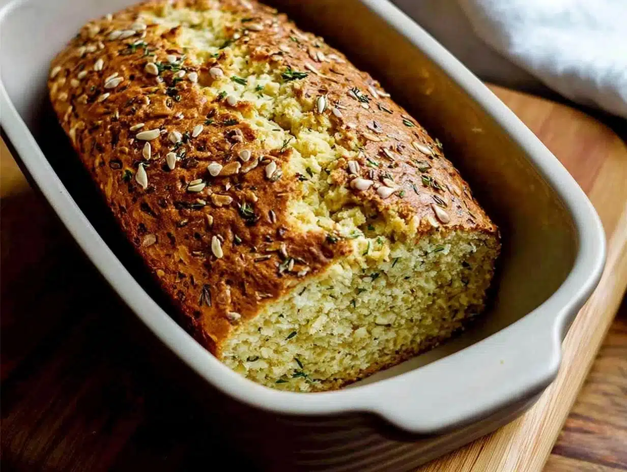 Freshly baked savory almond flour bread on a wooden cutting board.