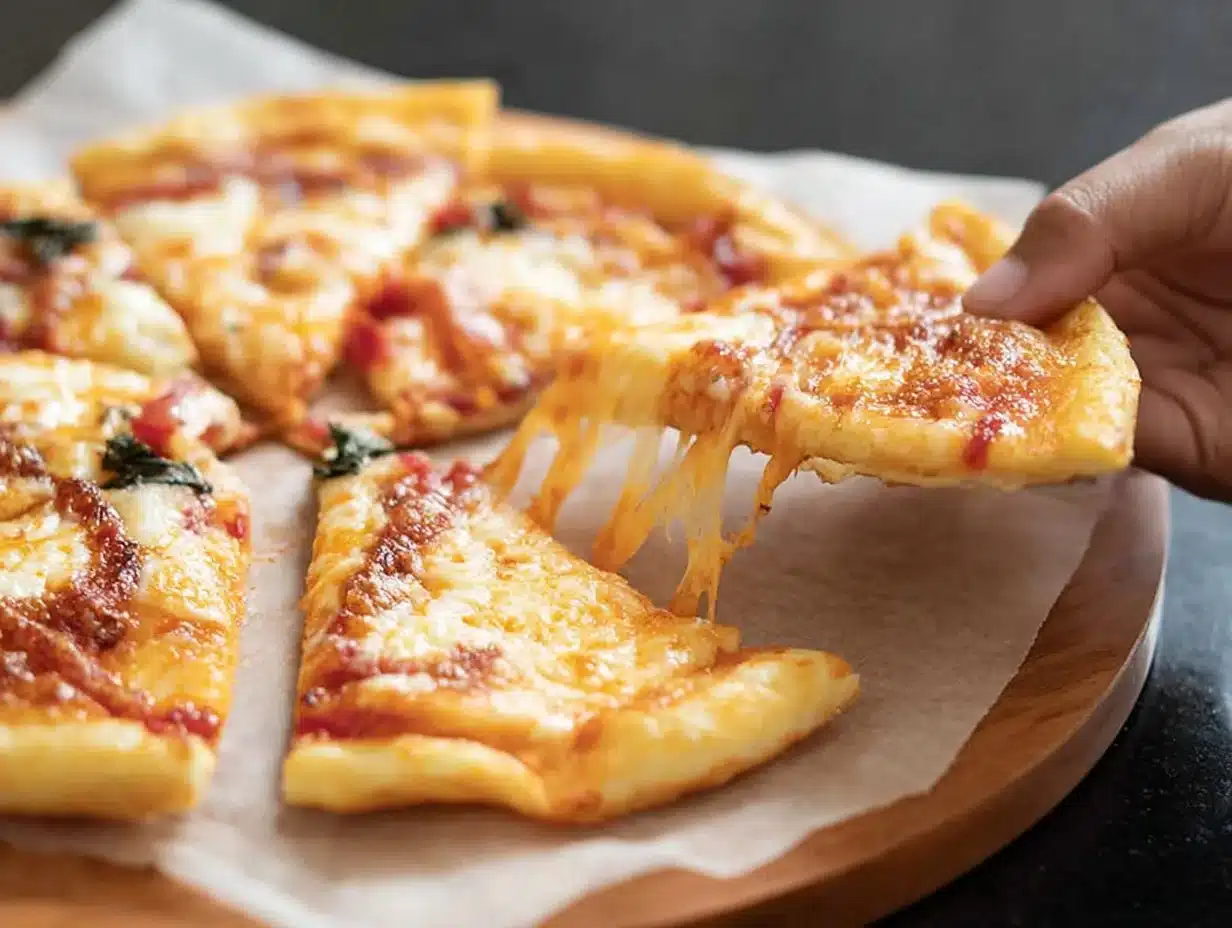 Stretchy gluten free pizza crust recipe fresh out of the oven.