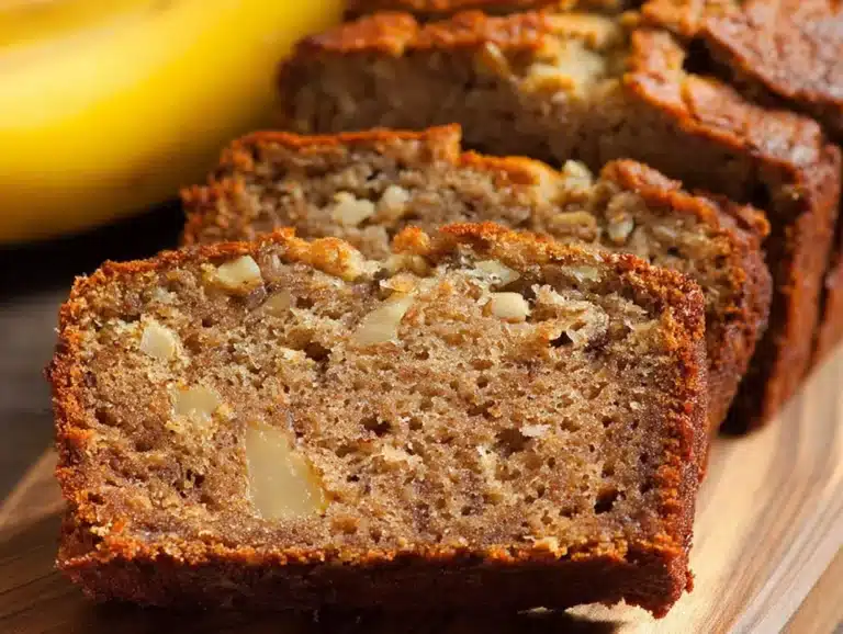 Delicious slice of super moist vegan banana bread on a wooden table