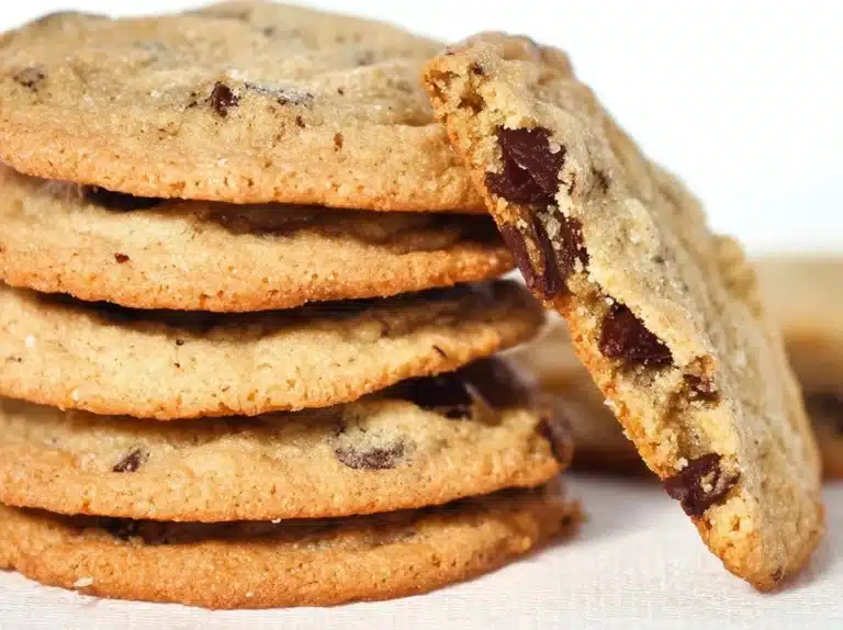 Thin and chewy gluten free chocolate chip cookies on a plate