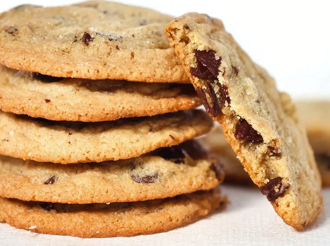 Thin and chewy gluten free chocolate chip cookies on a plate