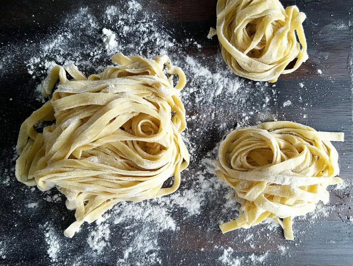 Homemade two-ingredient gluten-free pasta dough on a wooden board