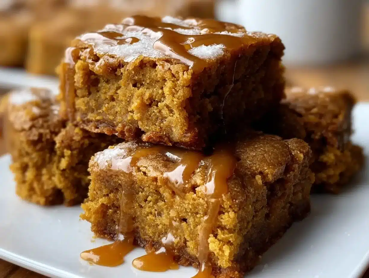 Vegan gluten-free pumpkin maple blondies on a rustic wooden table.