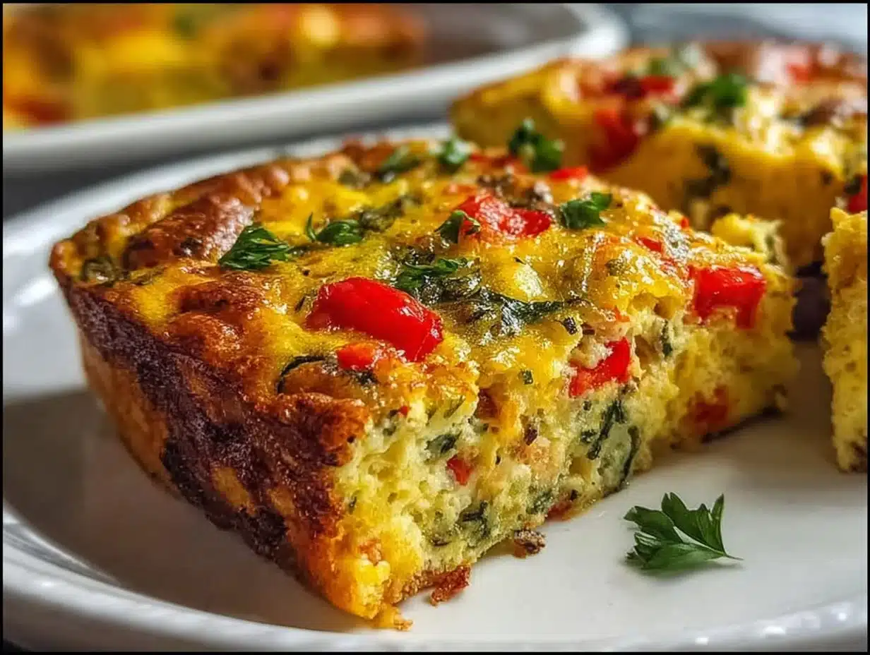 Veggie-loaded breakfast casserole topped with colorful vegetables and cheese