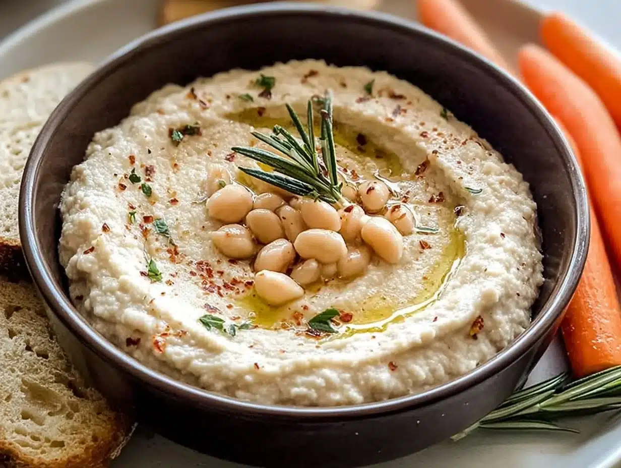Delicious homemade white bean dip served with fresh vegetables and pita chips